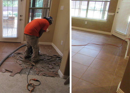 Professional worker removing tile